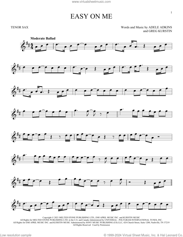 Easy On Me sheet music for tenor saxophone solo by Adele, Adele Adkins and Greg Kurstin, intermediate skill level