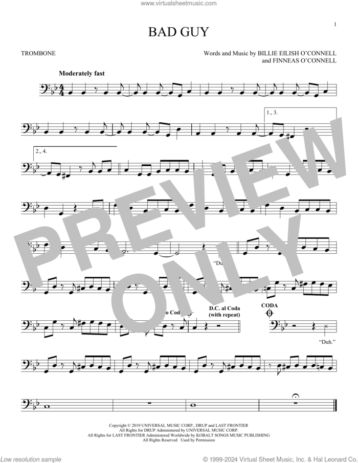 bad guy sheet music for trombone solo by Billie Eilish, intermediate skill level