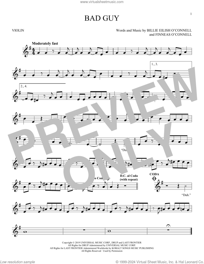 bad guy sheet music for violin solo by Billie Eilish, intermediate skill level