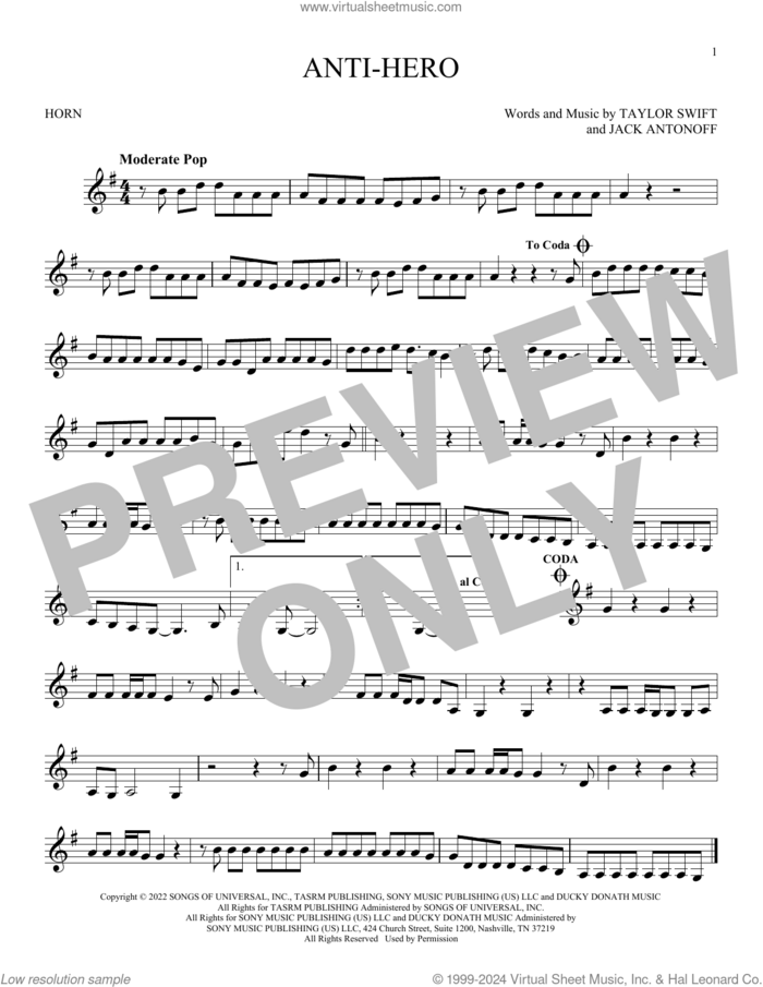 Anti-Hero sheet music for horn solo by Taylor Swift and Jack Antonoff, intermediate skill level