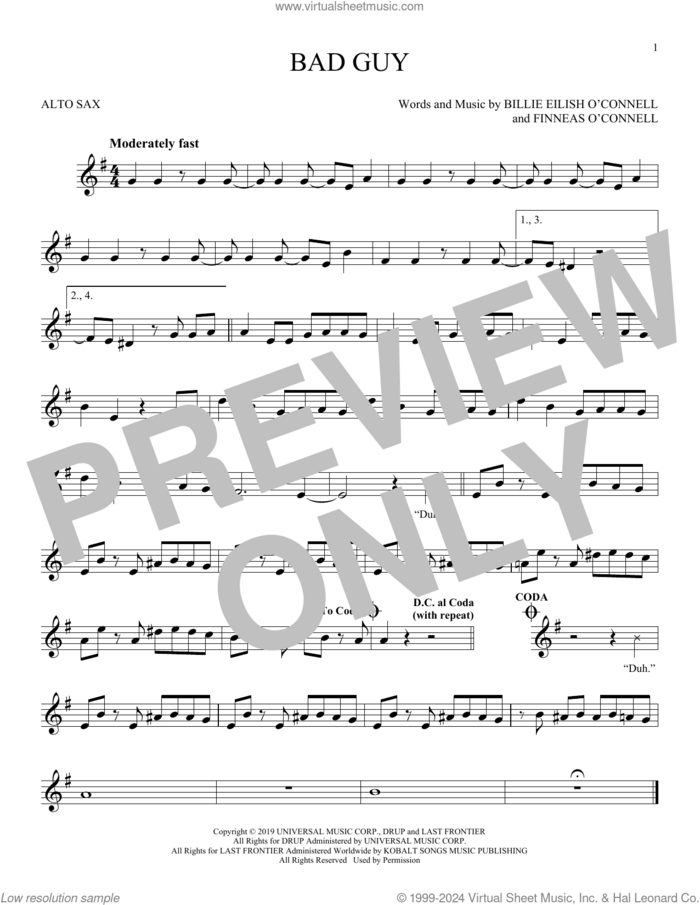 bad guy sheet music for alto saxophone solo by Billie Eilish, intermediate skill level