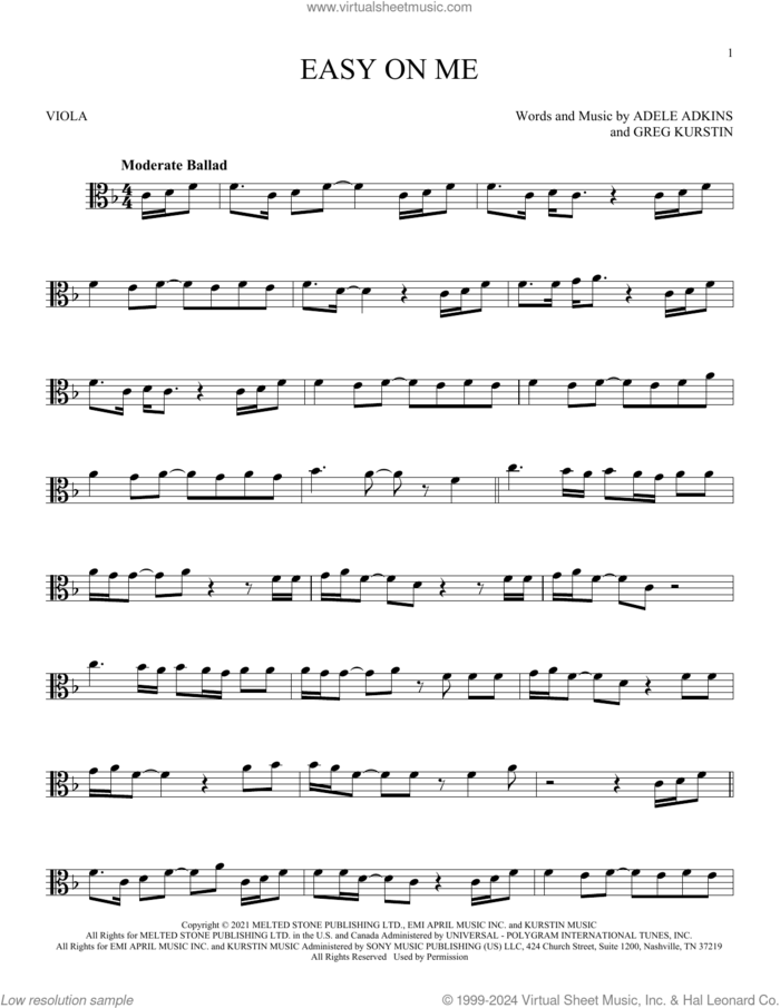 Easy On Me sheet music for viola solo by Adele, Adele Adkins and Greg Kurstin, intermediate skill level