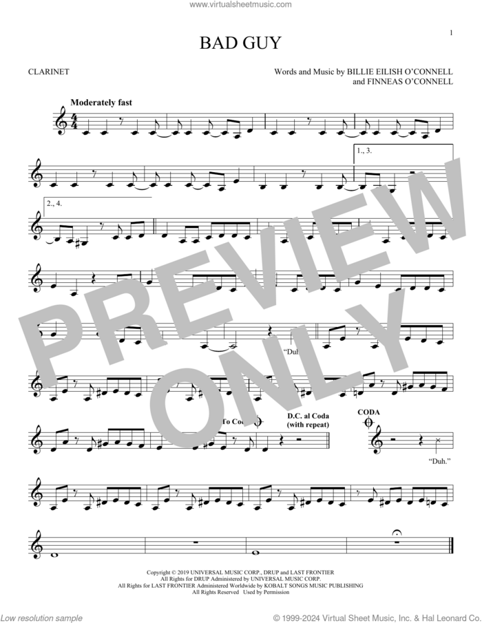 bad guy sheet music for clarinet solo by Billie Eilish, intermediate skill level