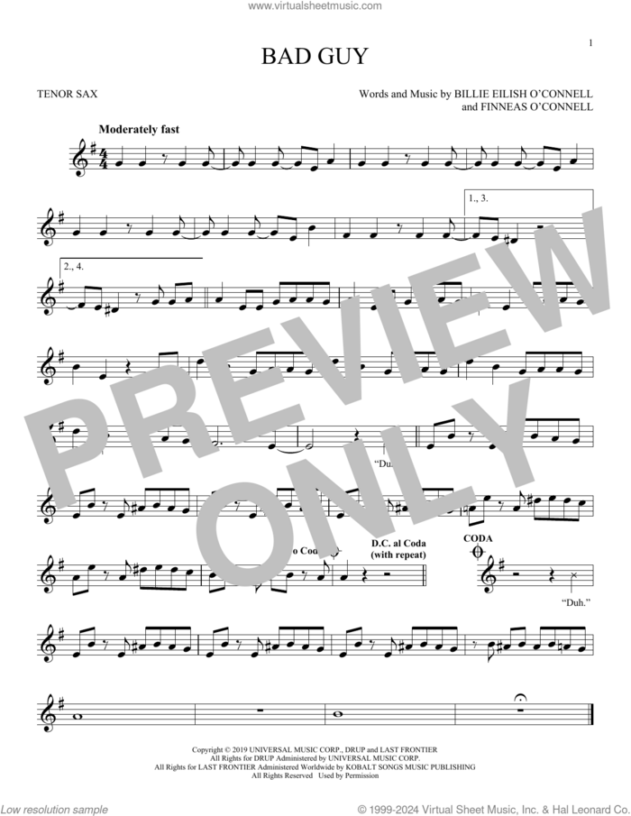 bad guy sheet music for tenor saxophone solo by Billie Eilish, intermediate skill level