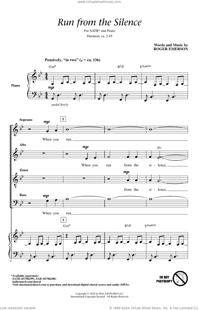 Run From The Silence sheet music for choir (SATB: soprano, alto, tenor, bass) by Roger Emerson, intermediate skill level