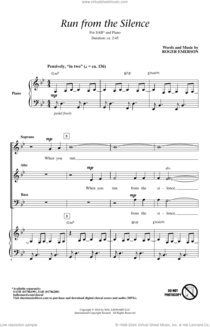 Run From The Silence sheet music for choir (SAB: soprano, alto, bass) by Roger Emerson, intermediate skill level