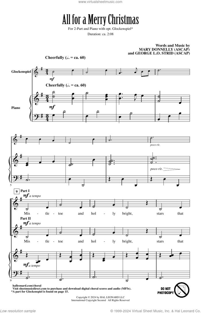 All For A Merry Christmas sheet music for choir (2-Part) by Mary Donnelly, George L.O. Strid and Mary Donnelly & George L.O. Strid, intermediate duet