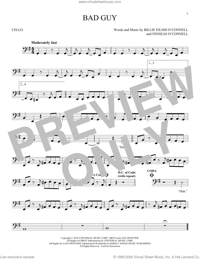 Bad Guy sheet music for cello solo by Billie Eilish, intermediate skill level