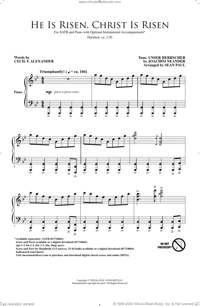 He is Risen, Christ is Risen (arr. Sean Paul) sheet music for choir (SATB: soprano, alto, tenor, bass) by Joachim Neander, Sean Paul and Cecil Alexander, intermediate skill level