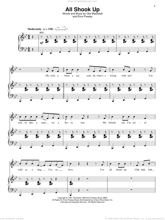 All Shook Up sheet music for voice and piano by Elvis Presley and Otis Blackwell, intermediate skill level