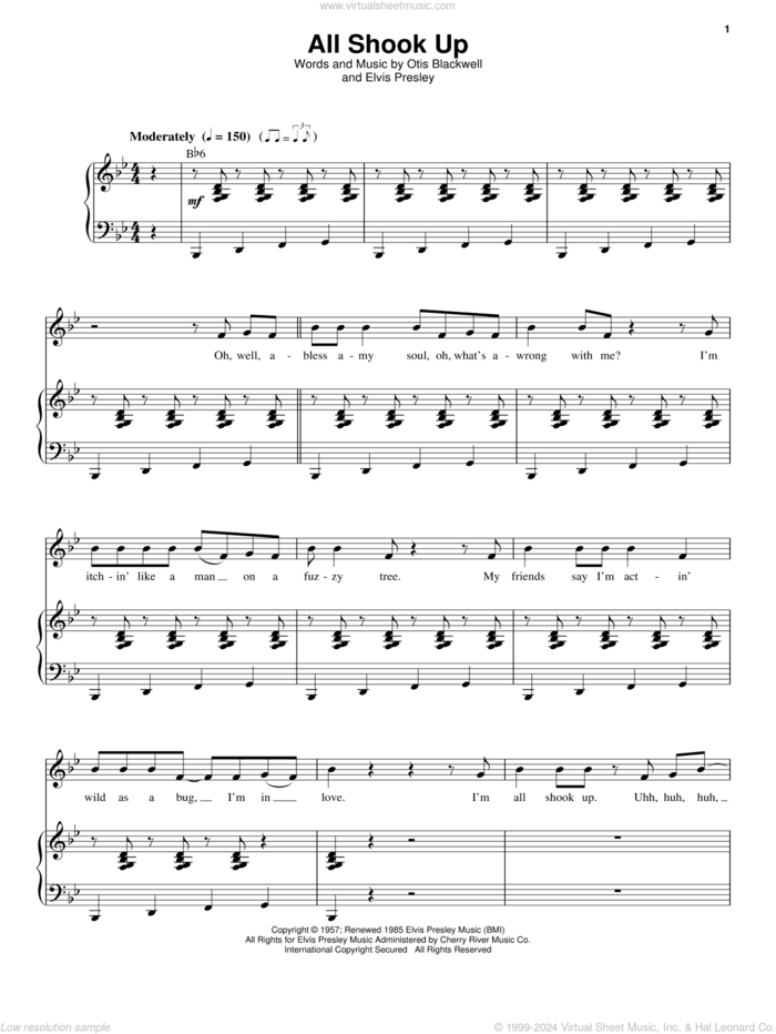 All Shook Up sheet music for voice and piano by Elvis Presley and Otis Blackwell, intermediate skill level