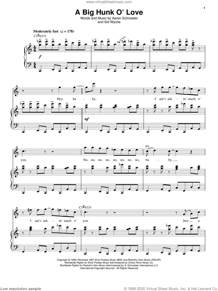 A Big Hunk O' Love sheet music for voice and piano by Elvis Presley, Aaron Schroeder and Sid Wyche, intermediate skill level