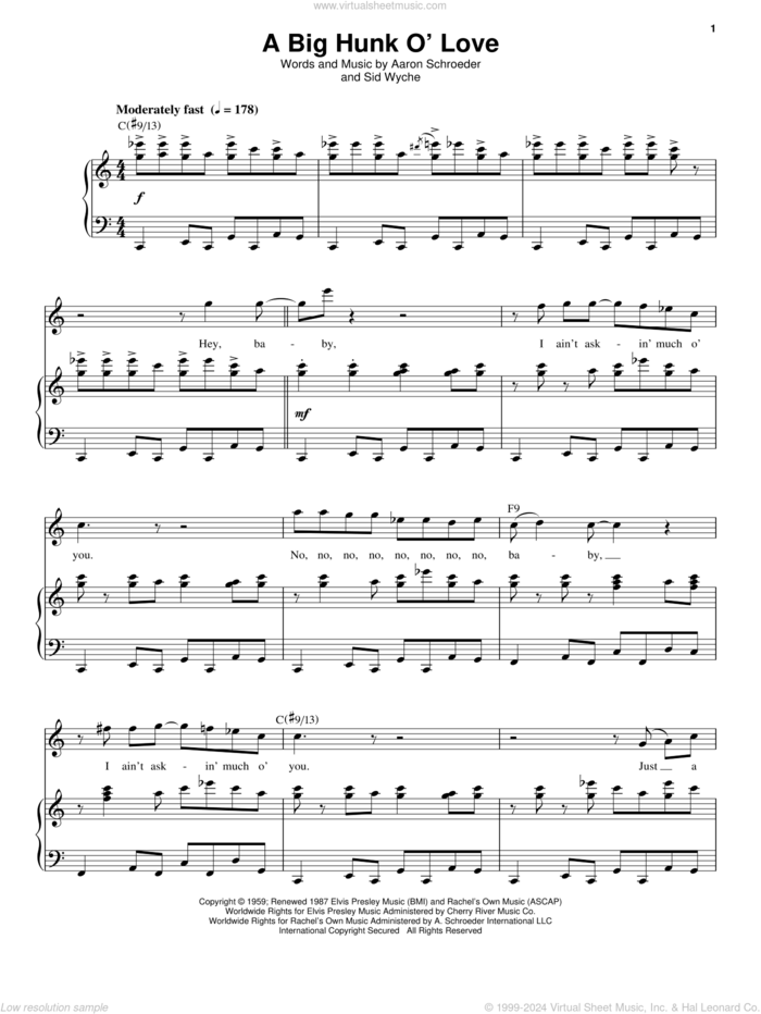 A Big Hunk O' Love sheet music for voice and piano by Elvis Presley, Aaron Schroeder and Sid Wyche, intermediate skill level