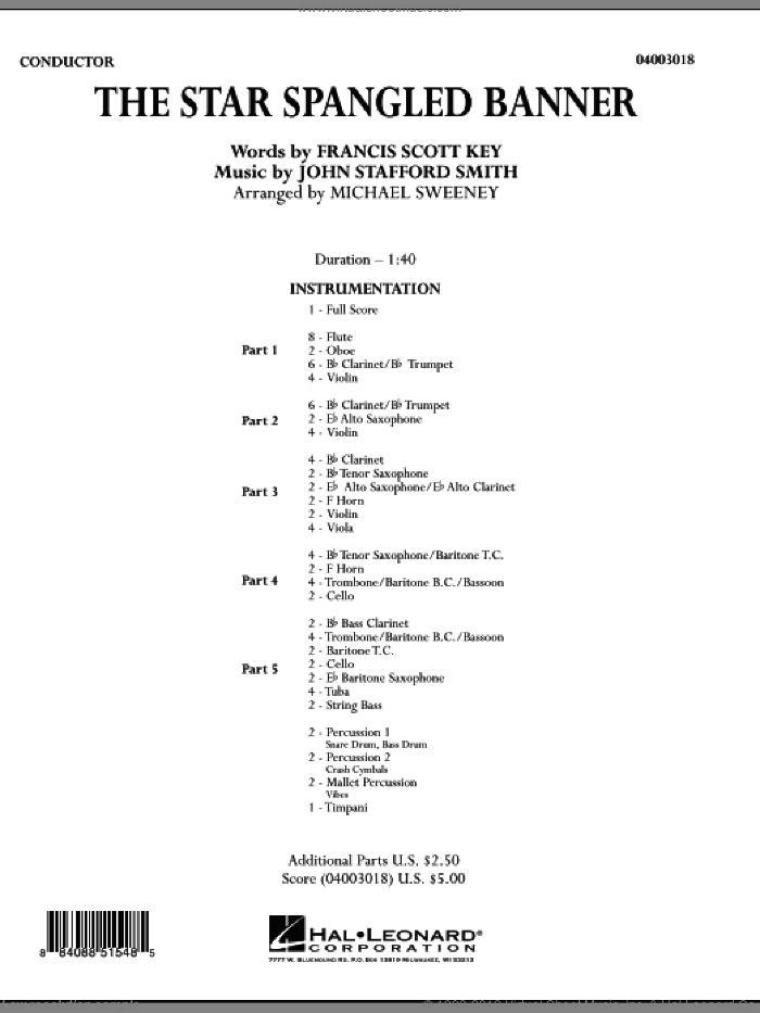 The Star Spangled Banner (COMPLETE) sheet music for concert band by Michael Sweeney, Francis Scott Key and John Stafford Smith, intermediate skill level