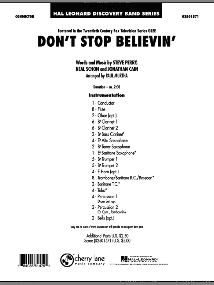Don't Stop Believin' (COMPLETE) sheet music for concert band by Paul Murtha, Jonathan Cain, Journey, Miscellaneous, Neal Schon and Steve Perry, intermediate skill level