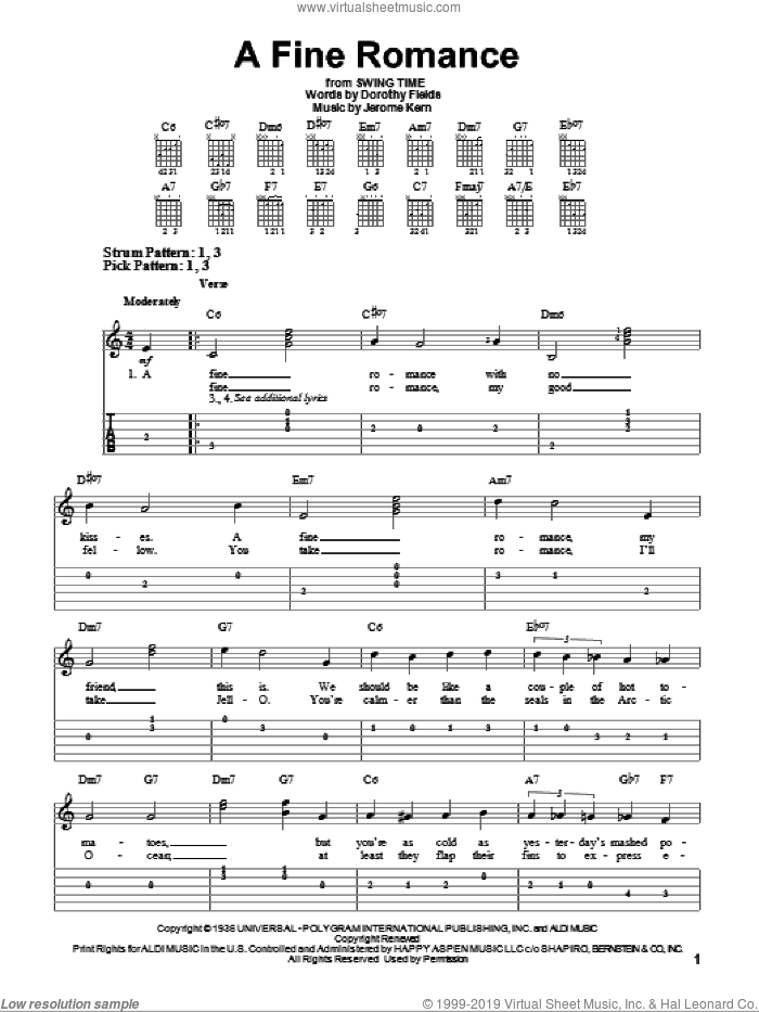 A Fine Romance sheet music for guitar solo (easy tablature) by Jerome Kern and Dorothy Fields, easy guitar (easy tablature)
