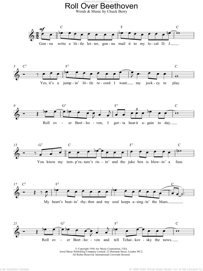 Roll Over Beethoven sheet music for voice and other instruments (fake book) by Jerry Lee Lewis, The Beatles and Chuck Berry, intermediate skill level