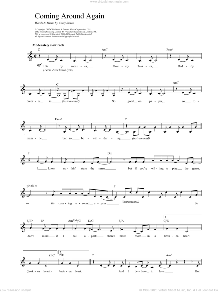 Coming Around Again sheet music for voice and other instruments (fake book) by Carly Simon, intermediate skill level