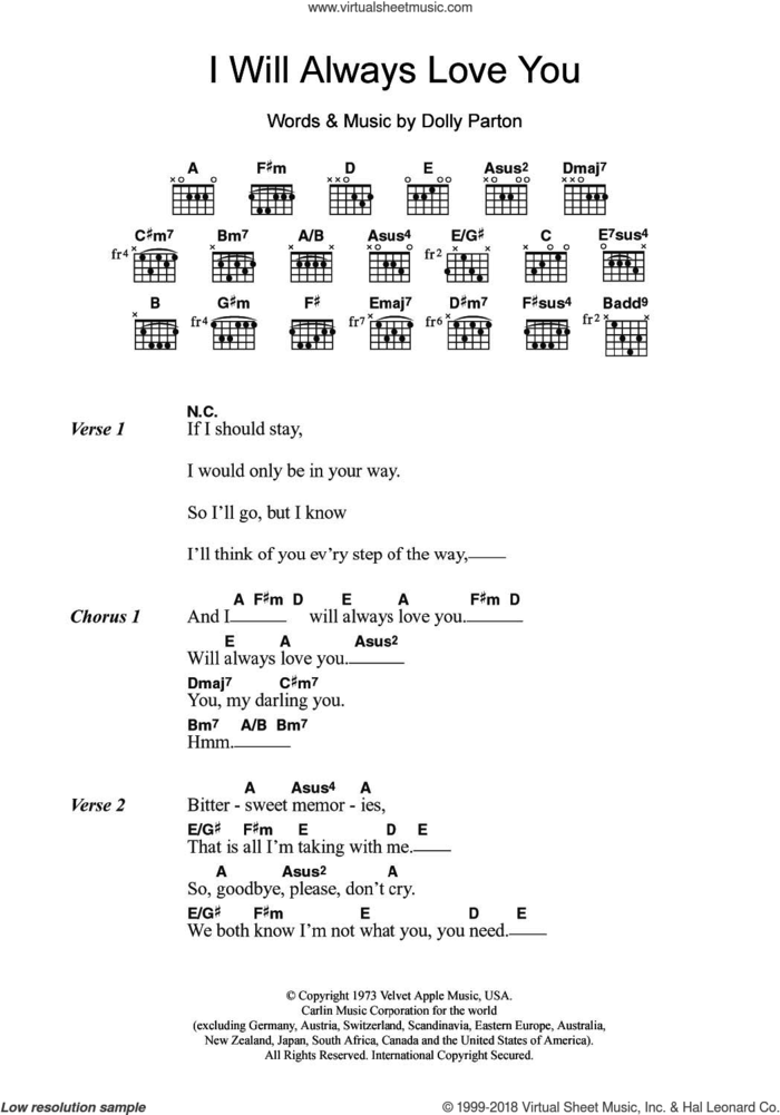 I Will Always Love You sheet music for guitar (chords) by Whitney Houston, Dolly Parton and David Foster, intermediate skill level