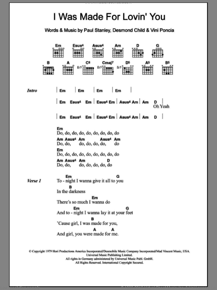 I Was Made For Lovin' You sheet music for guitar (chords) by KISS, Desmond Child, Paul Stanley and Vini Poncia, intermediate skill level