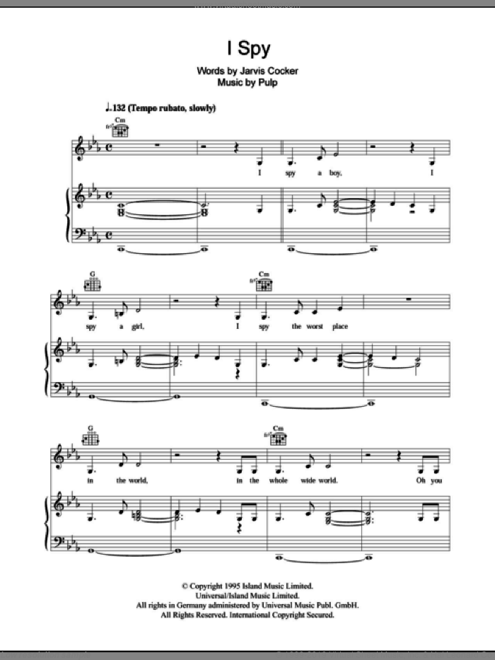 I Spy sheet music for voice, piano or guitar by Pulp and Jarvis Cocker, intermediate skill level