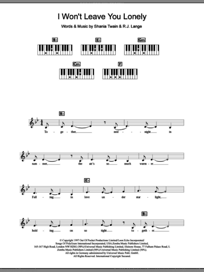 I Won't Leave You Lonely sheet music for piano solo (chords, lyrics, melody) by Shania Twain and Robert John Lange, intermediate piano (chords, lyrics, melody)