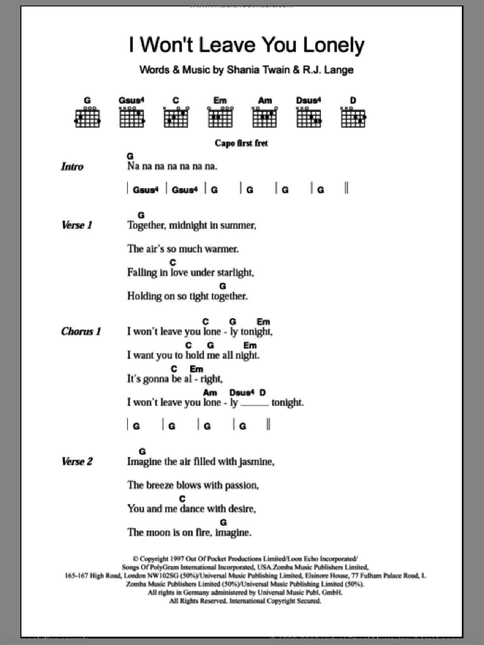 I Won't Leave You Lonely sheet music for guitar (chords) by Shania Twain and Robert John Lange, intermediate skill level