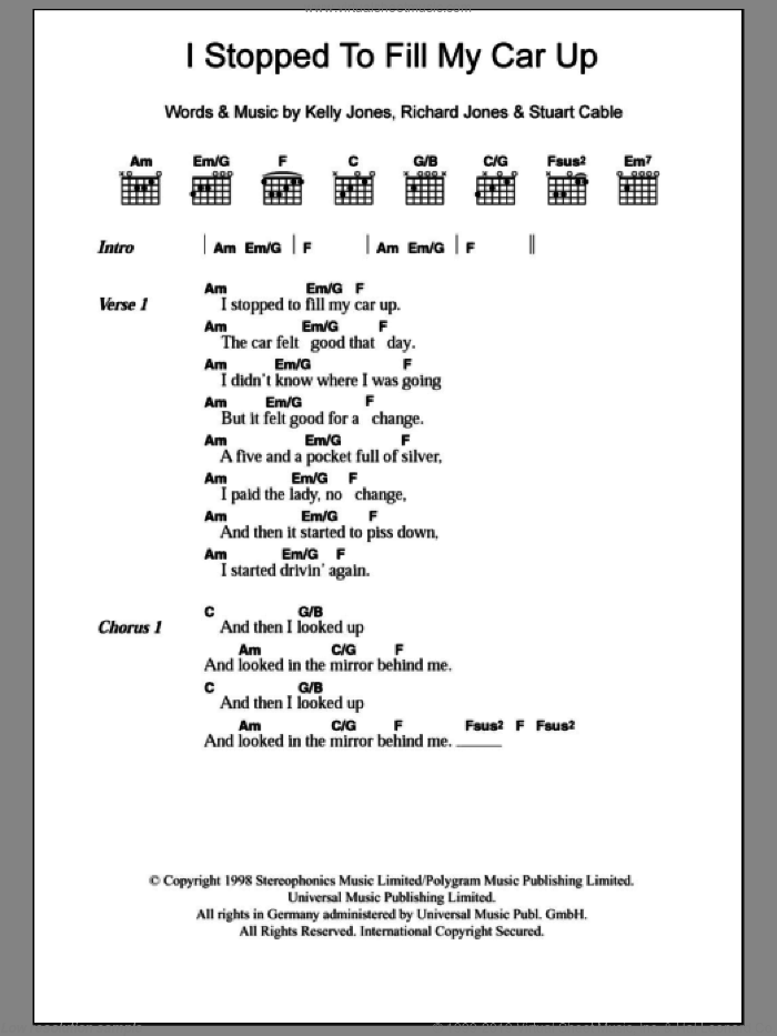 I Stopped To Fill My Car Up sheet music for guitar (chords) by Stereophonics, Kelly Jones, Richard Jones and Stuart Cable, intermediate skill level