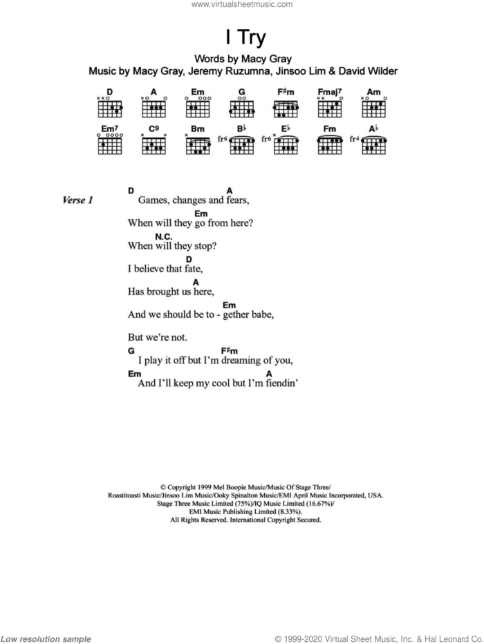 I Try sheet music for guitar (chords) by Macy Gray, David Wilder, Jeremy Ruzumna and Jinsoo Lim, intermediate skill level