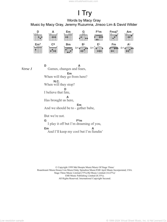 I Try sheet music for guitar (chords) by Macy Gray, David Wilder, Jeremy Ruzumna and Jinsoo Lim, intermediate skill level