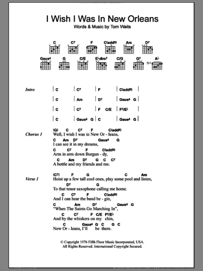 I Wish I Was In New Orleans sheet music for guitar (chords) by Tom Waits, intermediate skill level