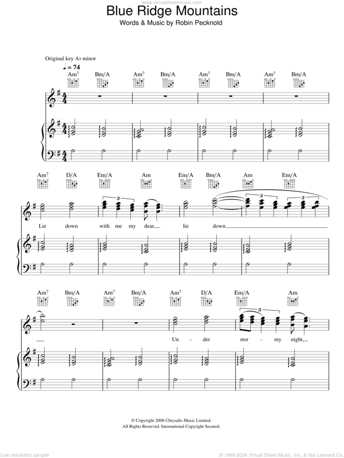 Blue Ridge Mountains sheet music for voice, piano or guitar by Fleet Foxes and Robin Pecknold, intermediate skill level