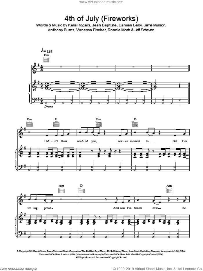 4th Of July (Fireworks) sheet music for voice, piano or guitar by Kelis, Anthony Burns, Damien Leroy, Jaime Munson, Jean Baptiste, Jeff Scheven, Kelis Rogers, Ronnie Morris and Vanessa Fischer, intermediate skill level
