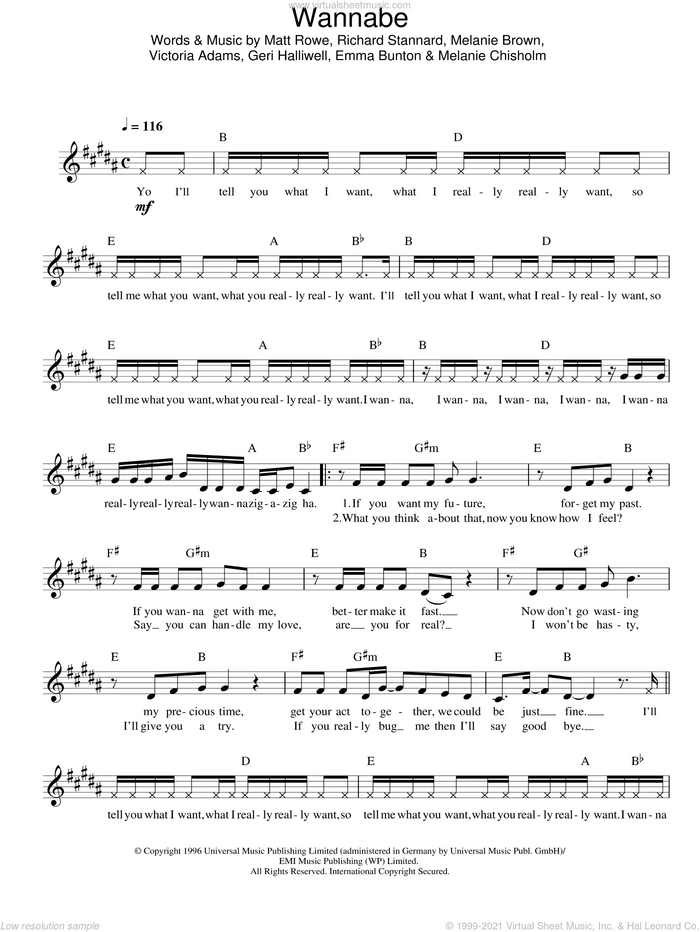 Wannabe sheet music for voice and other instruments (fake book) by The Spice Girls, intermediate skill level
