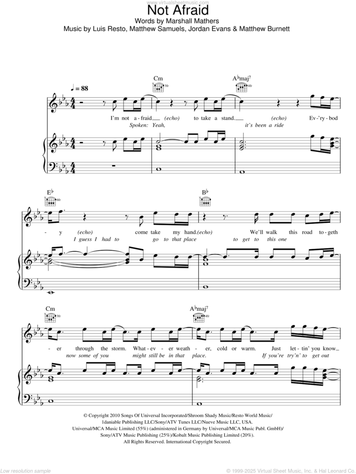 Not Afraid sheet music for voice, piano or guitar by Eminem, Jordan Evans, Luis Resto, Marshall Mathers, Matthew Burnett and Matthew Samuels, intermediate skill level