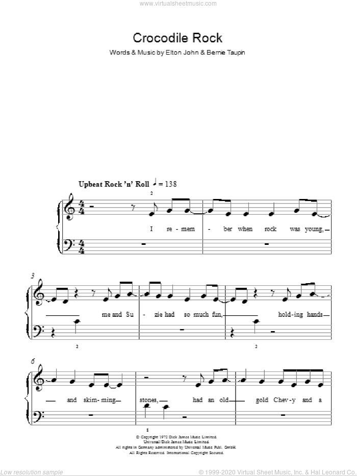 Crocodile Rock, (easy) sheet music for piano solo by Elton John and Bernie Taupin, easy skill level