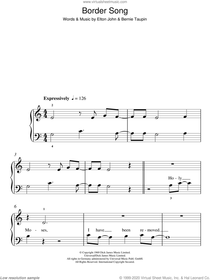 Border Song sheet music for piano solo by Elton John and Bernie Taupin, easy skill level