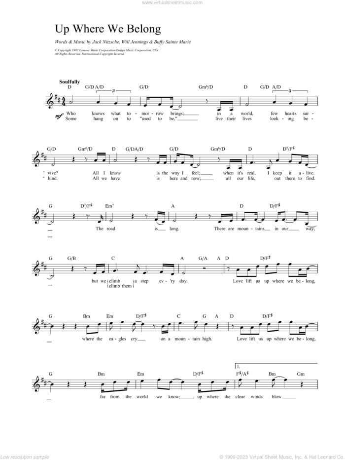 Up Where We Belong sheet music for voice and other instruments (fake book) , Jennifer Warnes and Joe Cocker, intermediate skill level