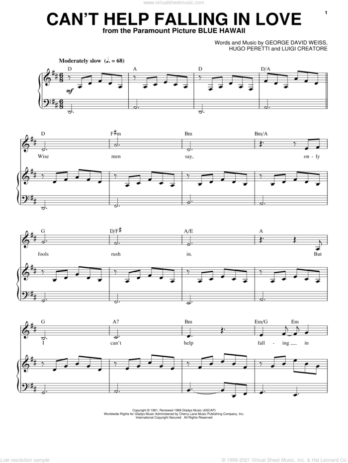 Can't Help Falling In Love sheet music for voice and piano by Elvis Presley, George David Weiss, Hugo Peretti and Luigi Creatore, wedding score, intermediate skill level
