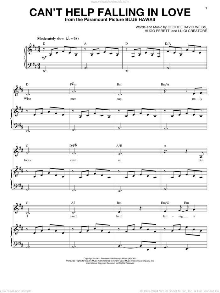 Can't Help Falling In Love sheet music for voice and piano by Elvis Presley, George David Weiss, Hugo Peretti and Luigi Creatore, wedding score, intermediate skill level