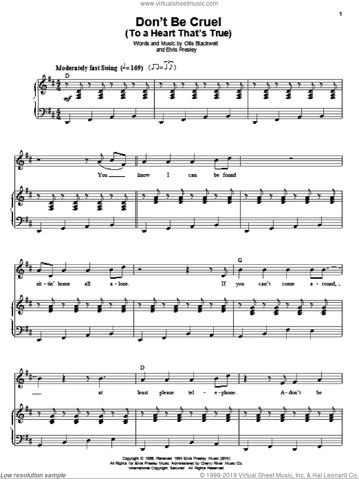 Don't Be Cruel (To A Heart That's True) sheet music for voice and piano by Elvis Presley and Otis Blackwell, intermediate skill level
