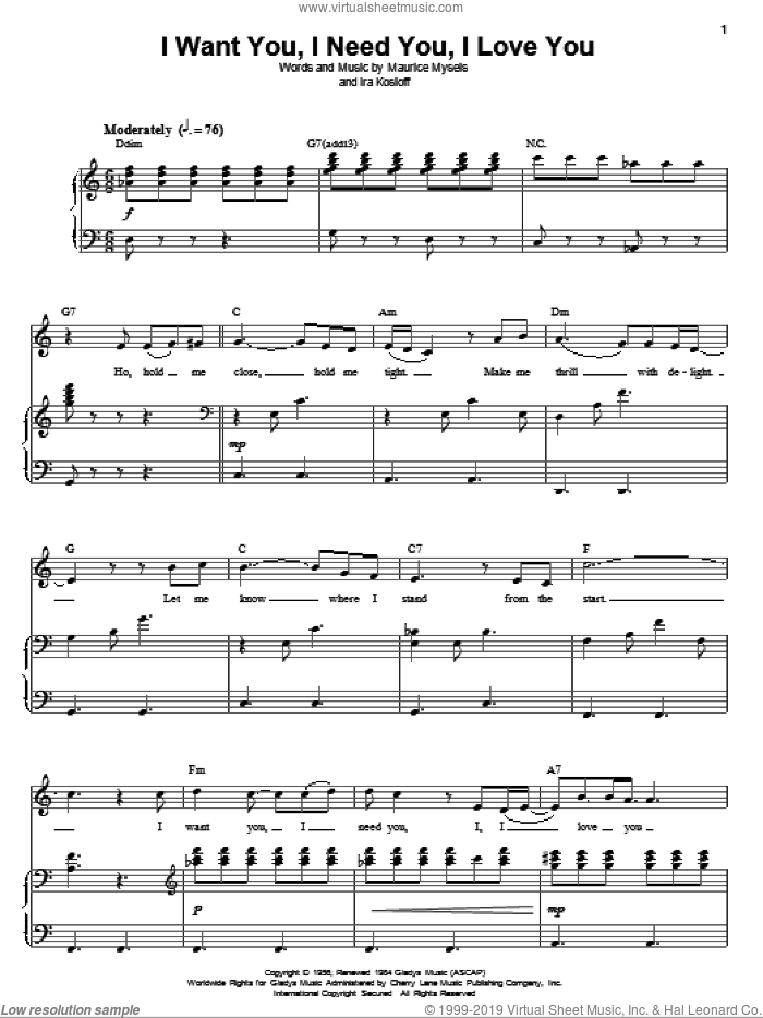 I Want You, I Need You, I Love You sheet music for voice and piano by Elvis Presley, Ira Kosloff and Maurice Mysels, intermediate skill level