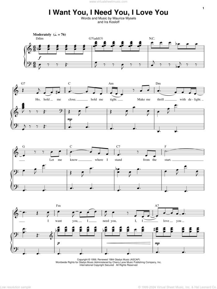 I Want You, I Need You, I Love You sheet music for voice and piano by Elvis Presley, Ira Kosloff and Maurice Mysels, intermediate skill level