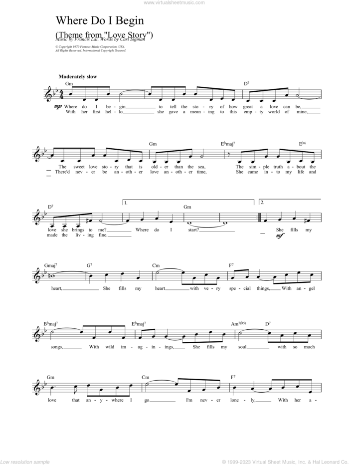 Where Do I Begin sheet music for voice and other instruments (fake book) by Andy Williams and Francis Lai And Carl Sigman, intermediate skill level