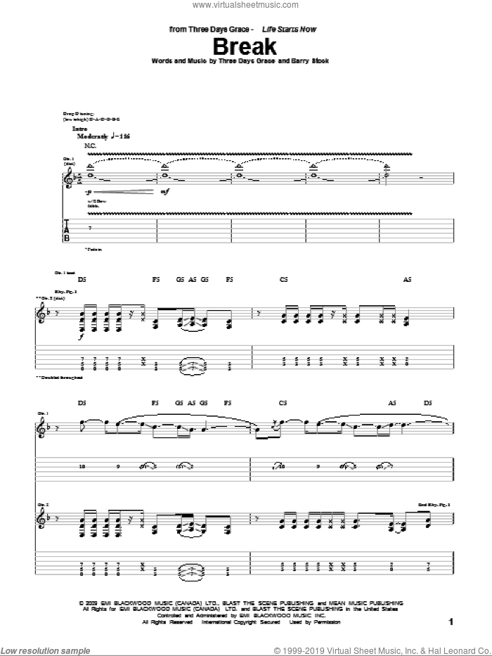 Break sheet music for guitar (tablature) by Three Days Grace, Adam Gontier, Barry Stock, Brad Walst and Neil Sanderson, intermediate skill level