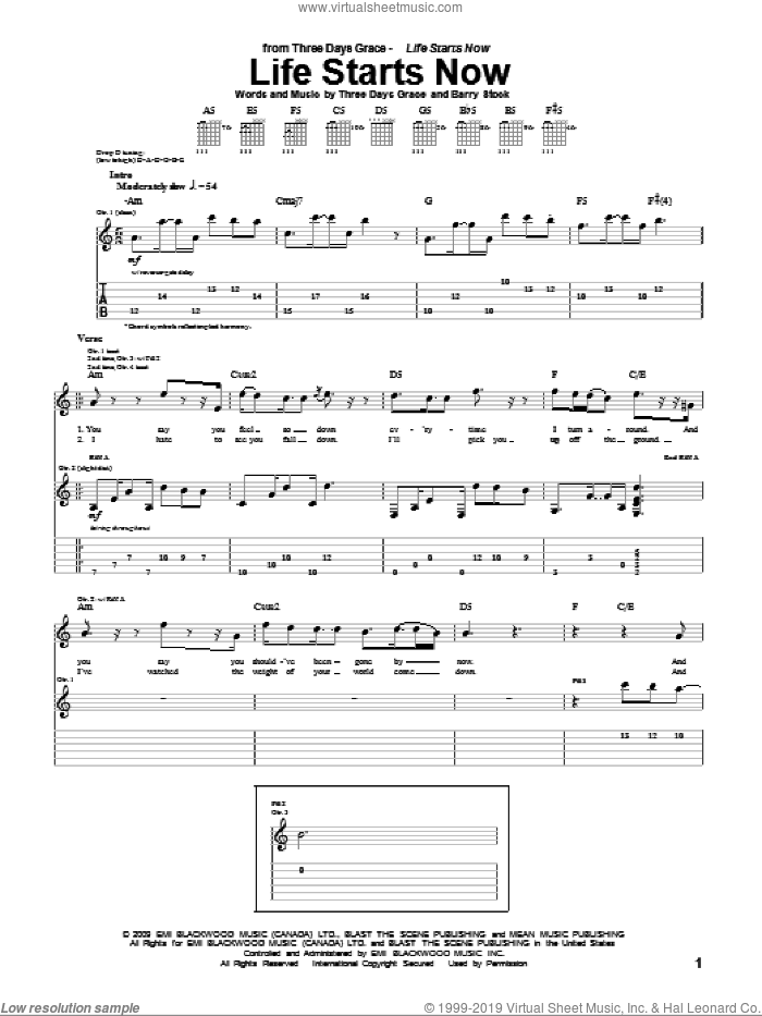 Life Starts Now sheet music for guitar (tablature) by Three Days Grace, Adam Gontier, Barry Stock, Brad Walst and Neil Sanderson, intermediate skill level