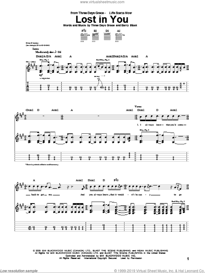 Lost In You sheet music for guitar (tablature) by Three Days Grace, Adam Gontier, Barry Stock, Brad Walst and Neil Sanderson, intermediate skill level