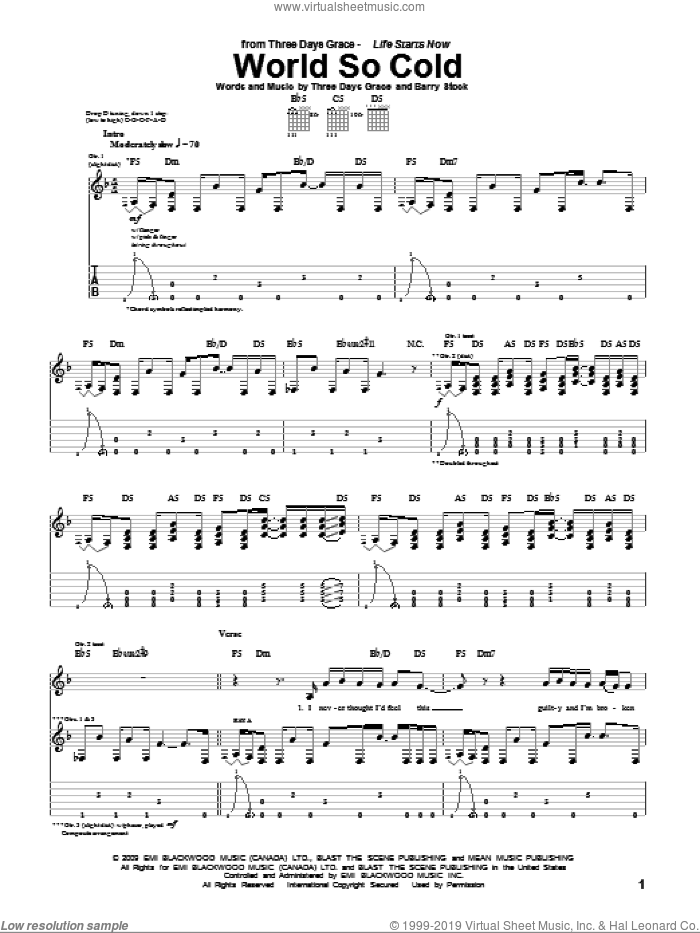 World So Cold sheet music for guitar (tablature) by Three Days Grace, Adam Gontier, Barry Stock, Brad Walst and Neil Sanderson, intermediate skill level