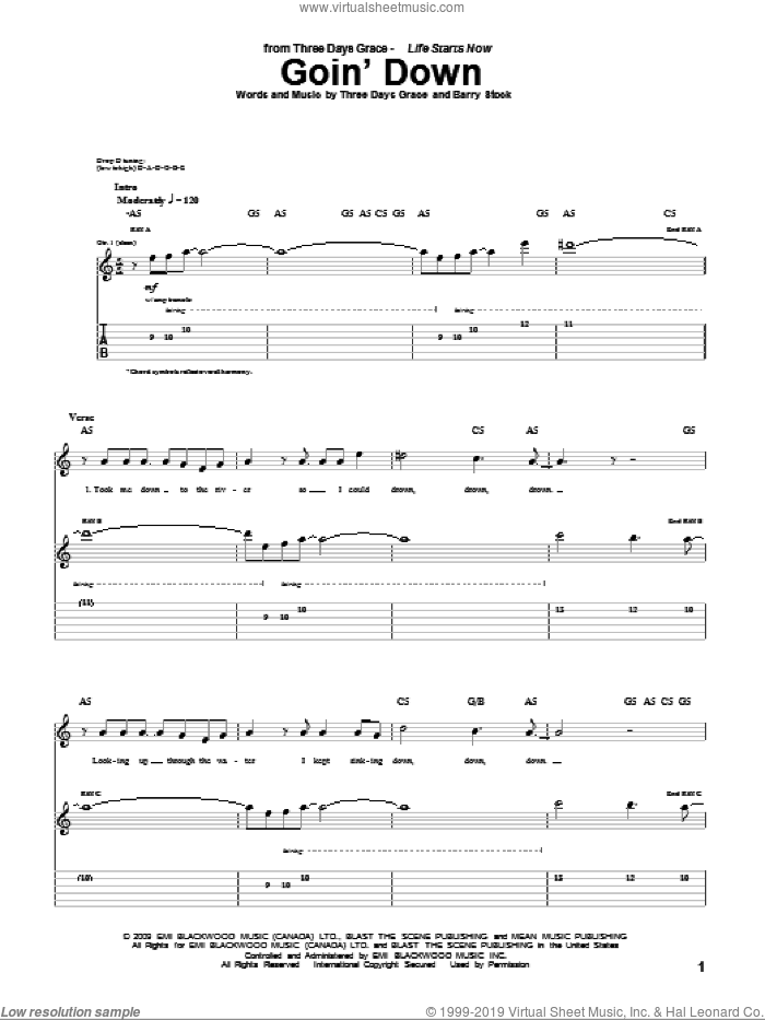 Goin' Down sheet music for guitar (tablature) by Three Days Grace, Adam Gontier, Barry Stock, Brad Walst and Neil Sanderson, intermediate skill level
