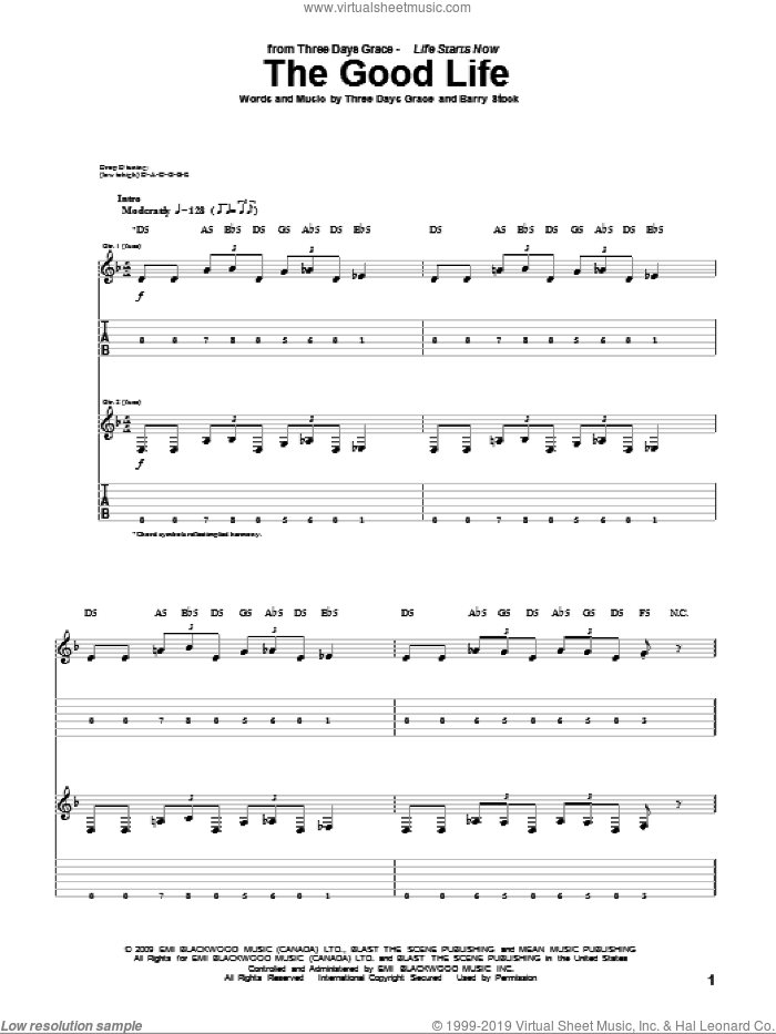 The Good Life sheet music for guitar (tablature) by Three Days Grace, Adam Gontier, Barry Stock, Brad Walst and Neil Sanderson, intermediate skill level